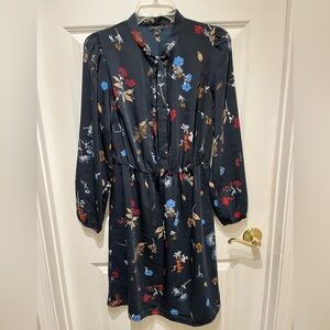 Ann Taylor Factory Navy Floral Long Sleeve Midi Dress w/Tie Neck & Cinched Waist